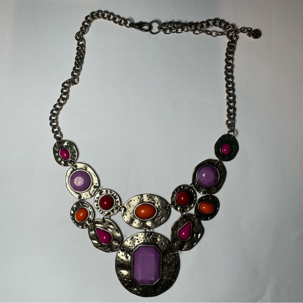 Silver and Purple Statement Necklace with Ornate Gemstone Design